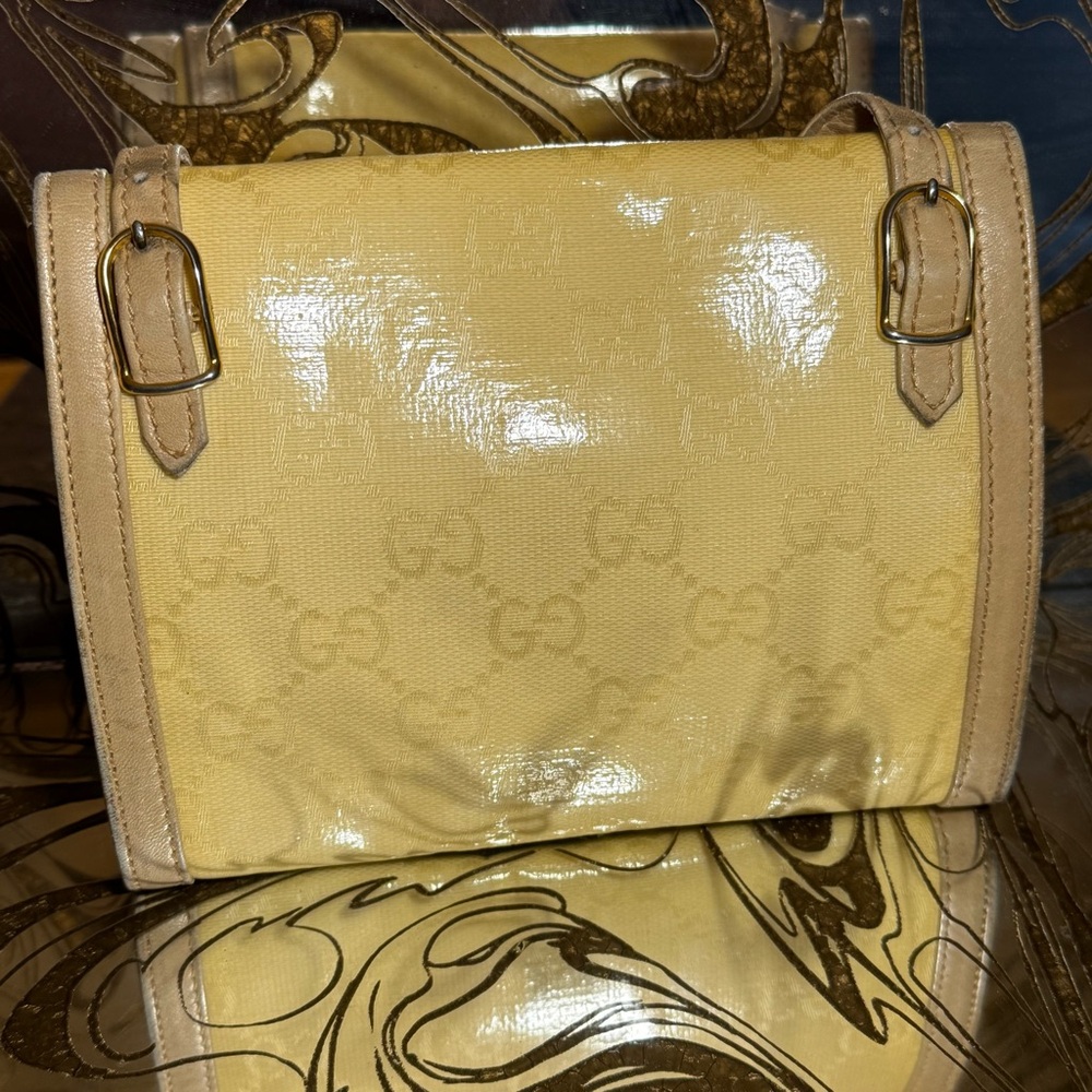 Early Vintage Gucci Shoulder Bag Coated Canvas Monogram Tan Leather Crossbody - Picture 3 of 16